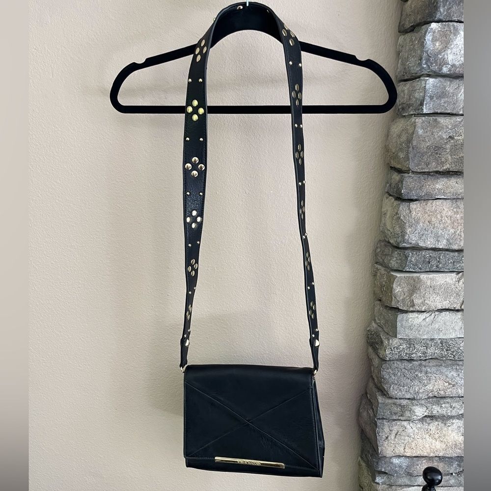 Steve Madden black faux leather cross body purse with gold studded strap